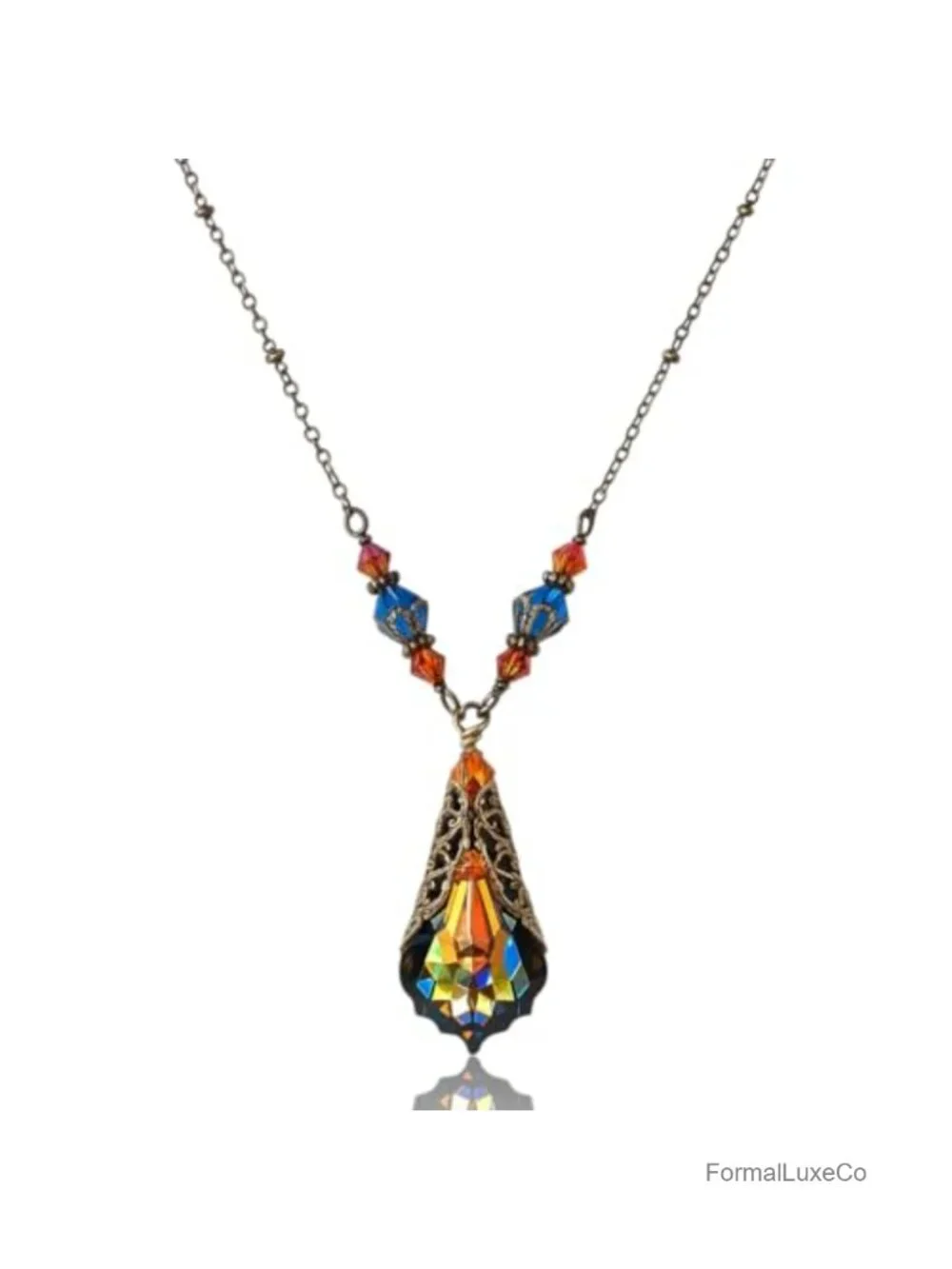 Handmade Crystal Filigree Pendant Necklace Art Deco Vintage Jewelry